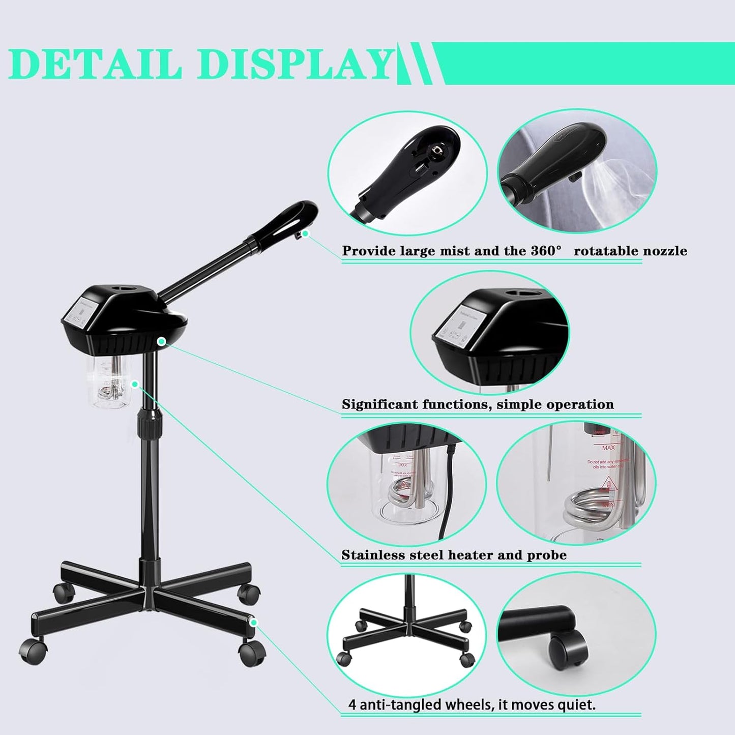 Professional Facial Steamer for Estheticians, Hot Mist & Timer Function, Stand Ozone Facial Steamer on Wheels for Spa Beauty, Home Use