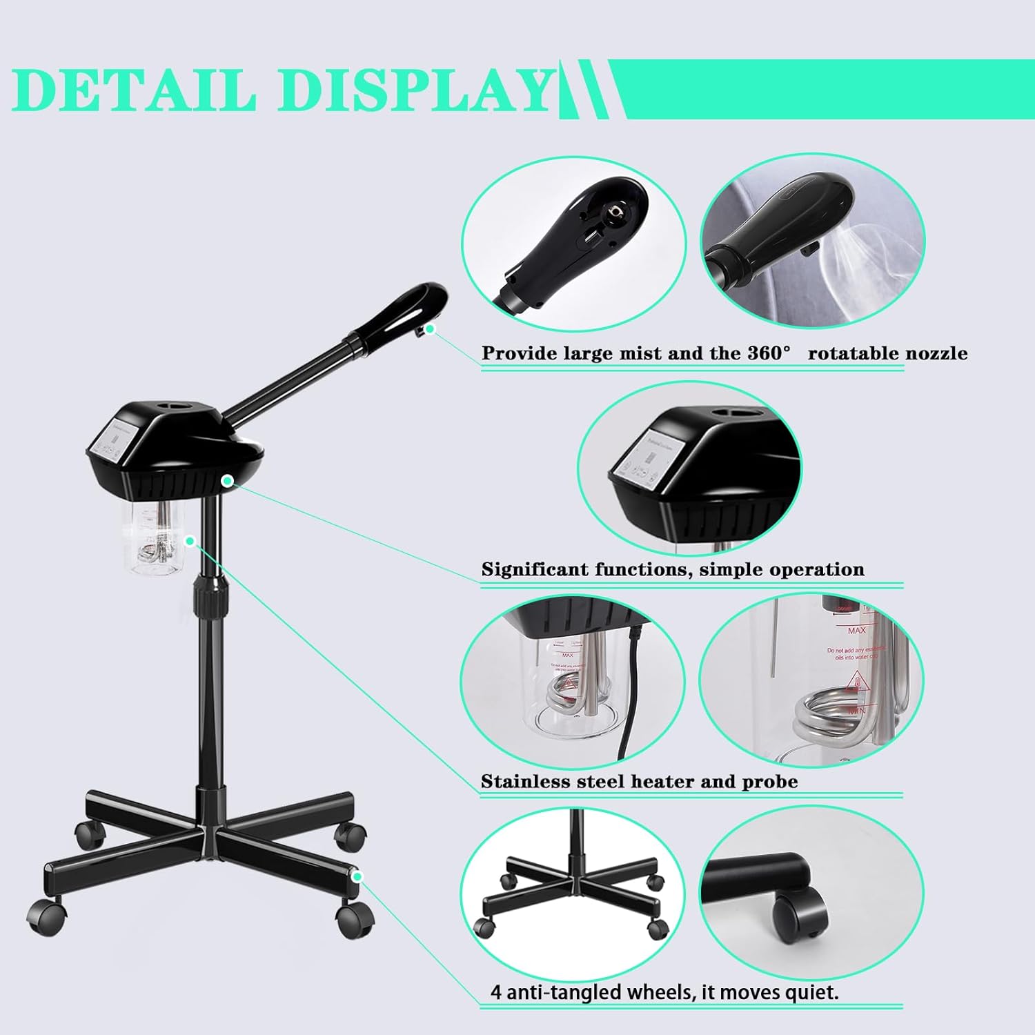 Professional Facial Steamer for Estheticians, Hot Mist & Timer Function, Stand Ozone Facial Steamer on Wheels for Spa Beauty, Home Use