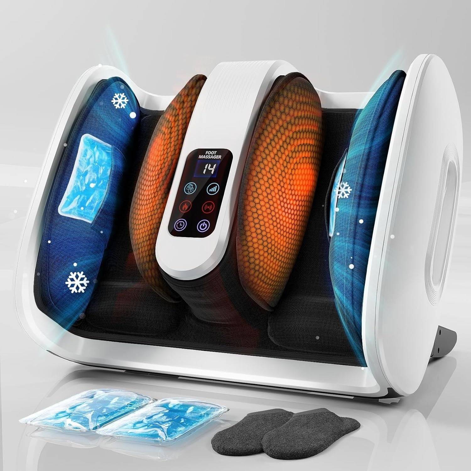 Foot Massager with Heat & Ice Therapy-Fsa HSA Eligible-Shiatsu Foot Massager for Neuropathy, Circulation, Plantar Fasciitis Pain Relief-Deep Kneading Rolling, Gel Packs+Footmuffs Offered-White