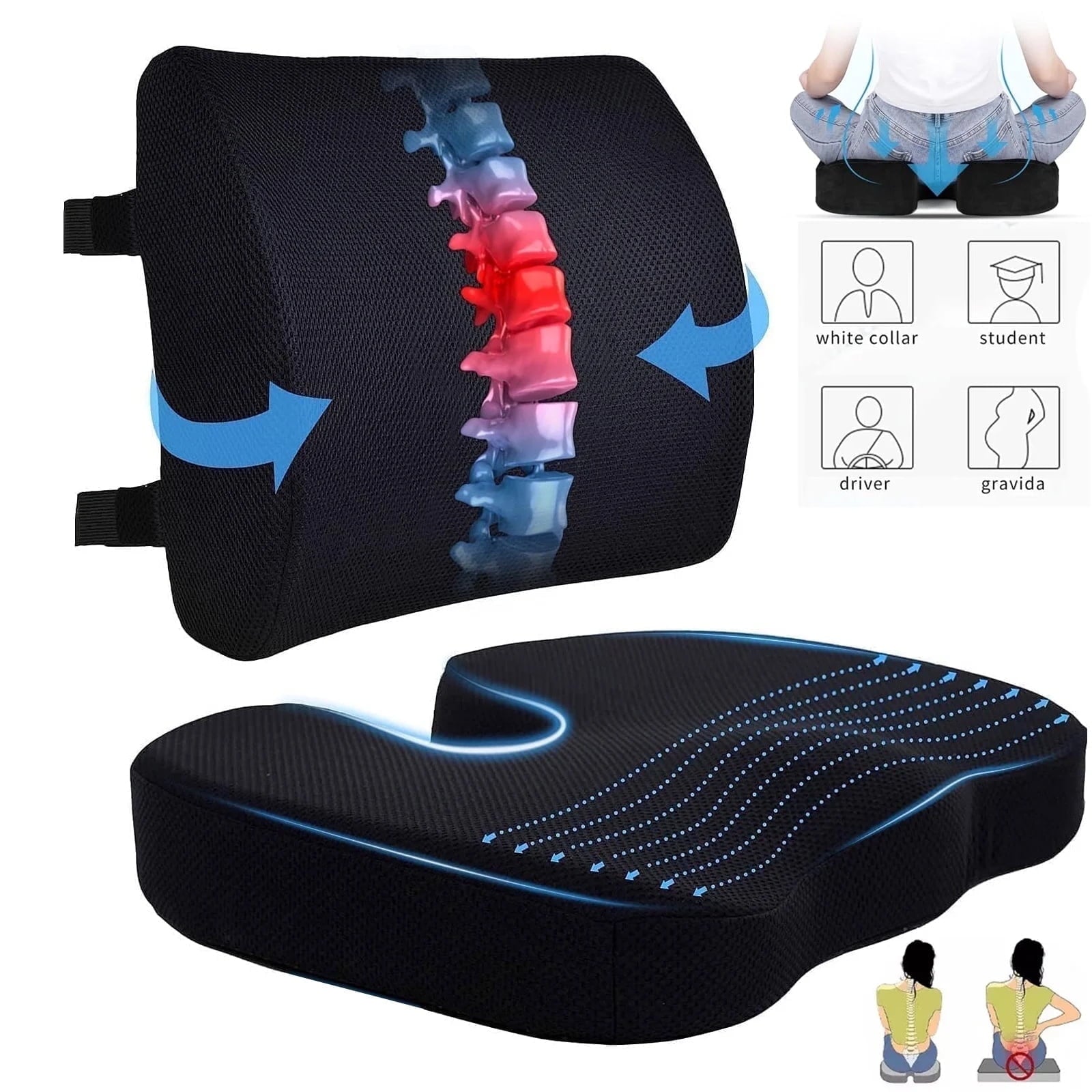 Sacred ComfortTM Dual Cushion Set Ergonomic Lumbar & Tailbone Relief