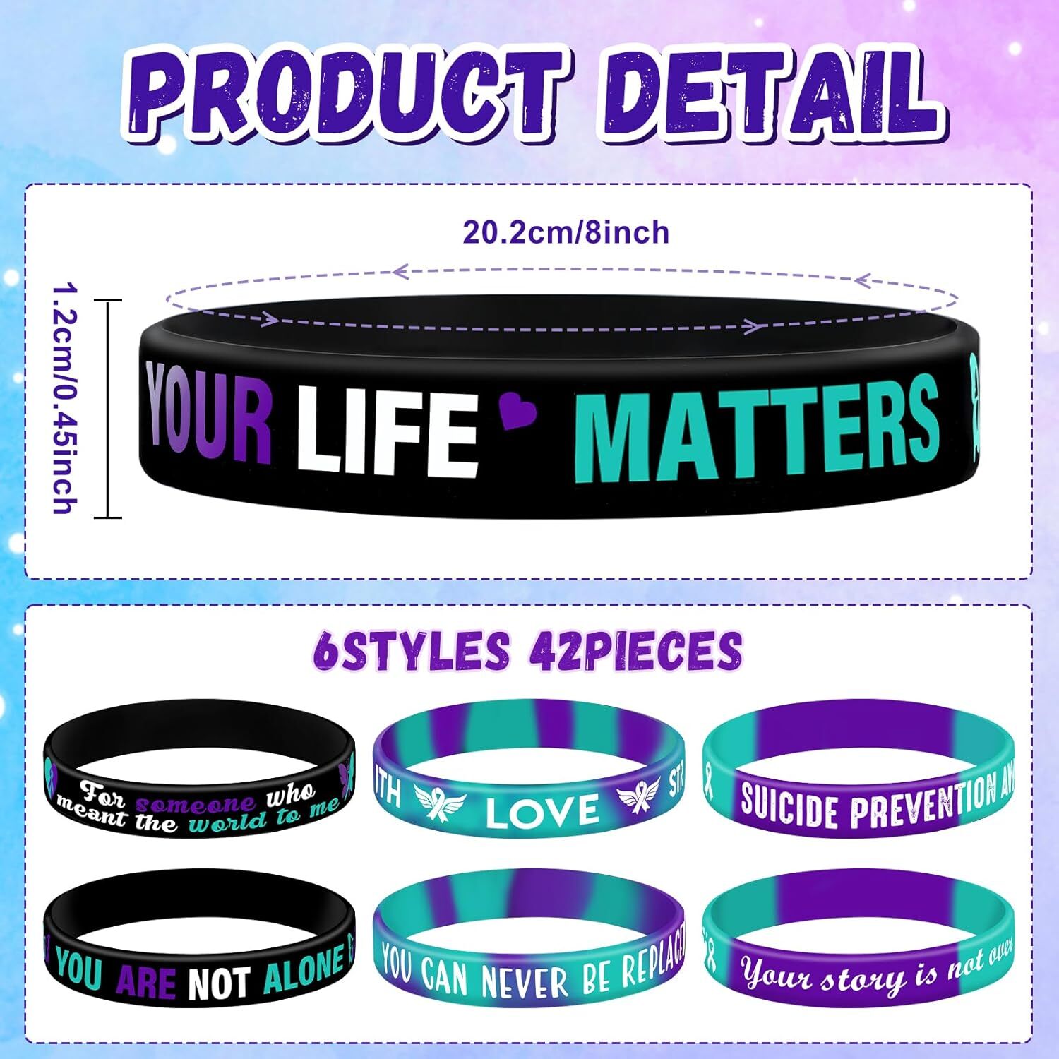 Sacred Strength Awareness Bracelets – 42-Piece Set for Suicide Prevention, Hope & Healing (Purple & Teal)